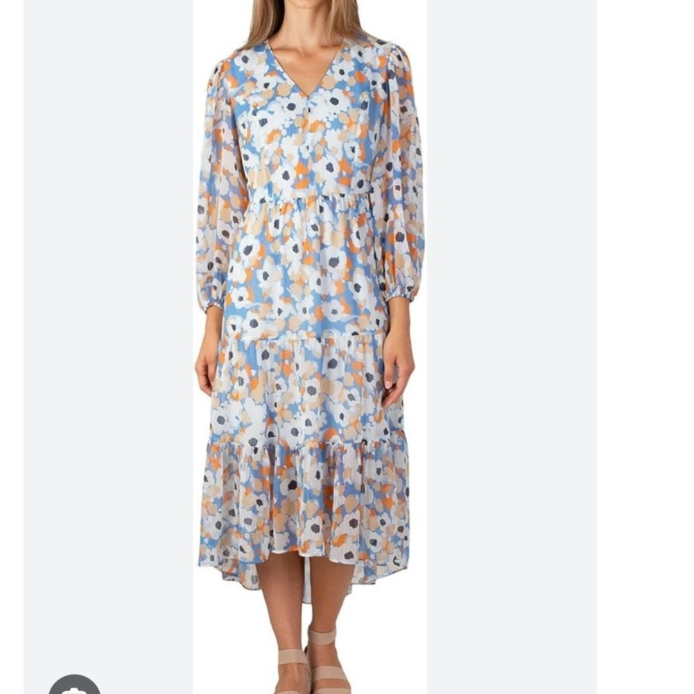 Joie Floral Tiered Dress Womens XL Blue Boho Flowy Long Sleeve Midi